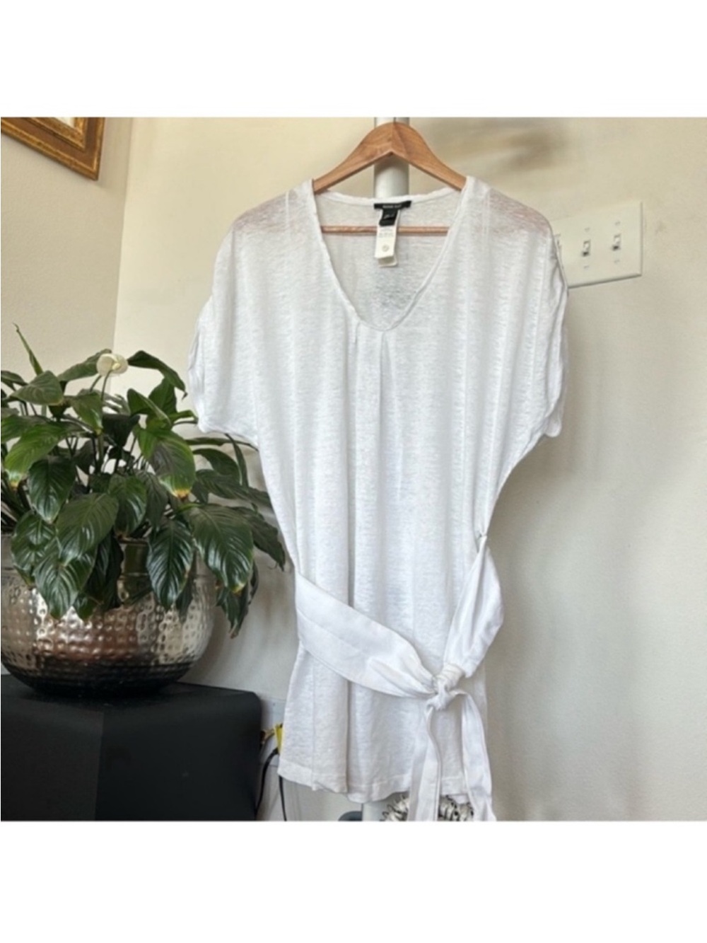 Mango Linen V Neck Long Top/Shirt/Blouse Sz L Belted White